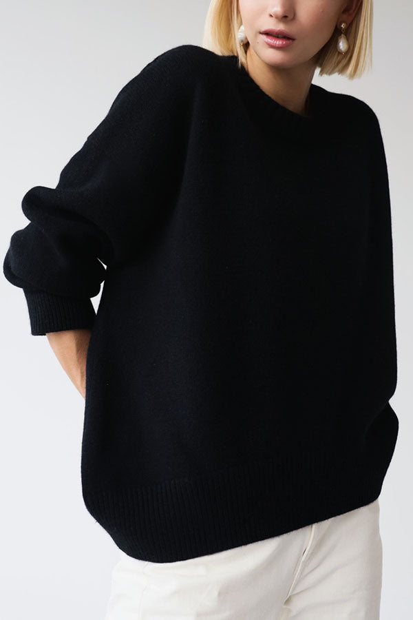 loose solid color round neck knitted sweater
