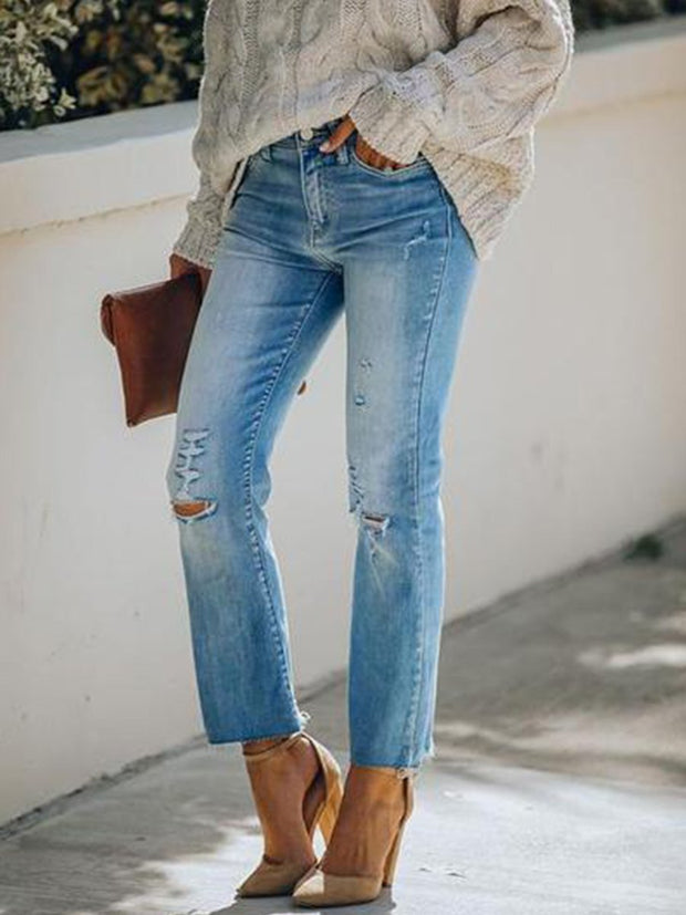 Distressed Ripped Straight-Leg Cropped Jeans