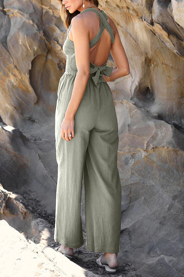 Ready To Travel Linen Blend Smocked Pocketed Back Tie Jumpsuit