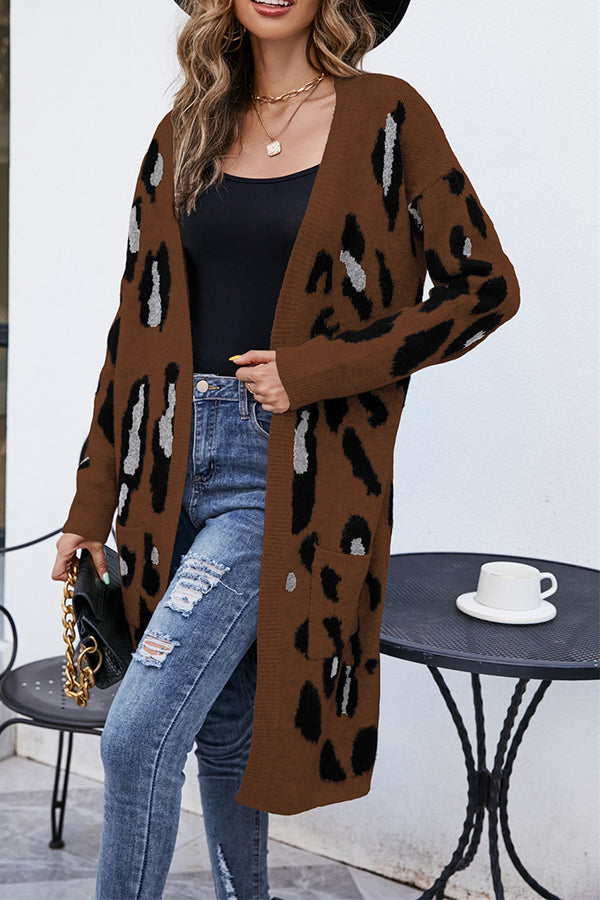 Women's V-Neck Leopard Knit Long Knit Jacket