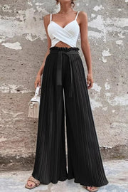 Cali Satin Belt Pleated Wide Leg Pants