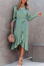 V Neck Long Sleeve Waisted Ruffle Dress