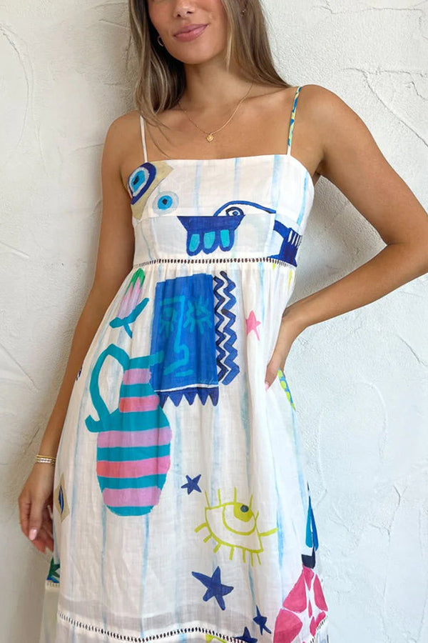 She's The Fun – Midikleid aus Leinenmischung mit verspieltem Print und Leiterbesatz 