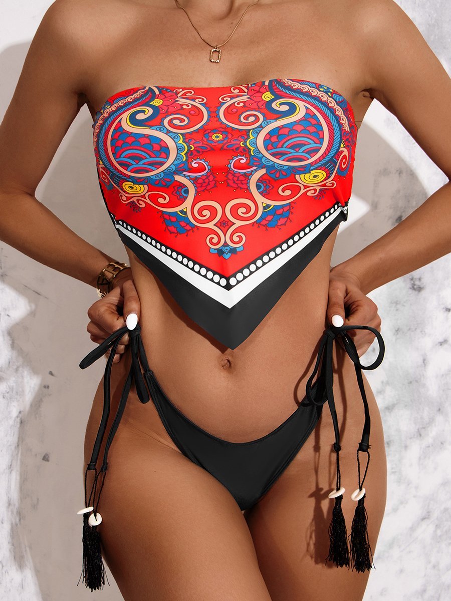 Pattern Print Tassel Design Handkerchief Bikini Set