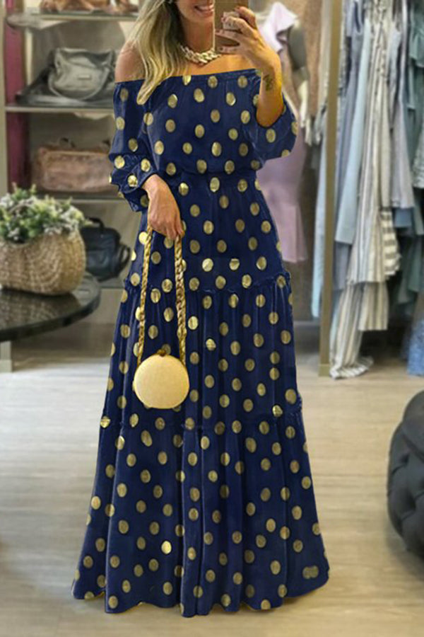 Modisches bedrucktes langes Kleid mit Boho-Punkten und Puffärmeln für Damen 