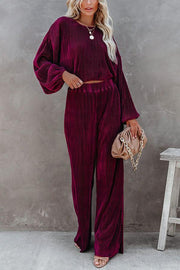 High Rise Plisse Wide Leg Pants Suit