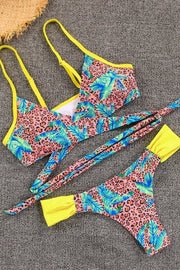 Wrap Leopard Printed Patchwork Blue Bikini Set