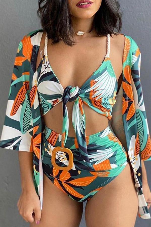Spaghetti Strap Plant Print Knotted Bikini Set With Cover Up