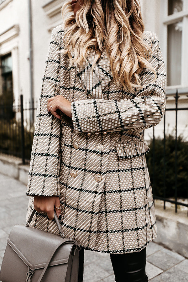 long-sleeve blazer-collar double-breasted woolen coat