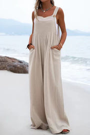 Ethnic Button Suspender Wide Leg Line Jumpsuit