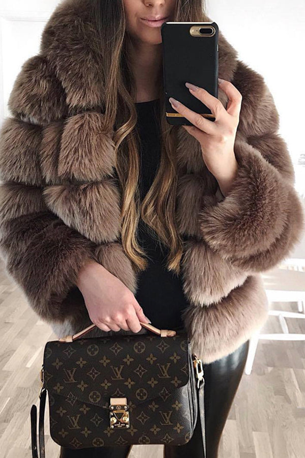 Faux Rabbit Fur Long Sleeve Hooded Jacket