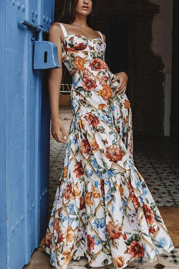 Sleeveless Sling Flower Print Maxi Dress