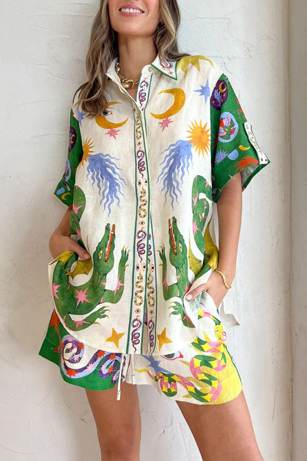 Days of Heaven – Set aus Bluse aus Leinenmischung mit einzigartigem Aufdruck und Shorts mit Taschen und elastischer Taille