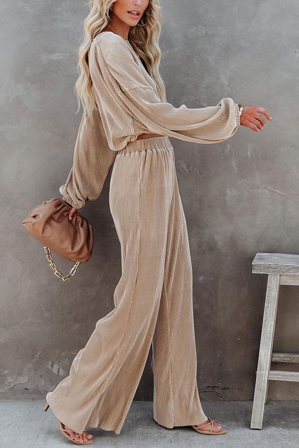 High Rise Plisse Wide Leg Pants Suit