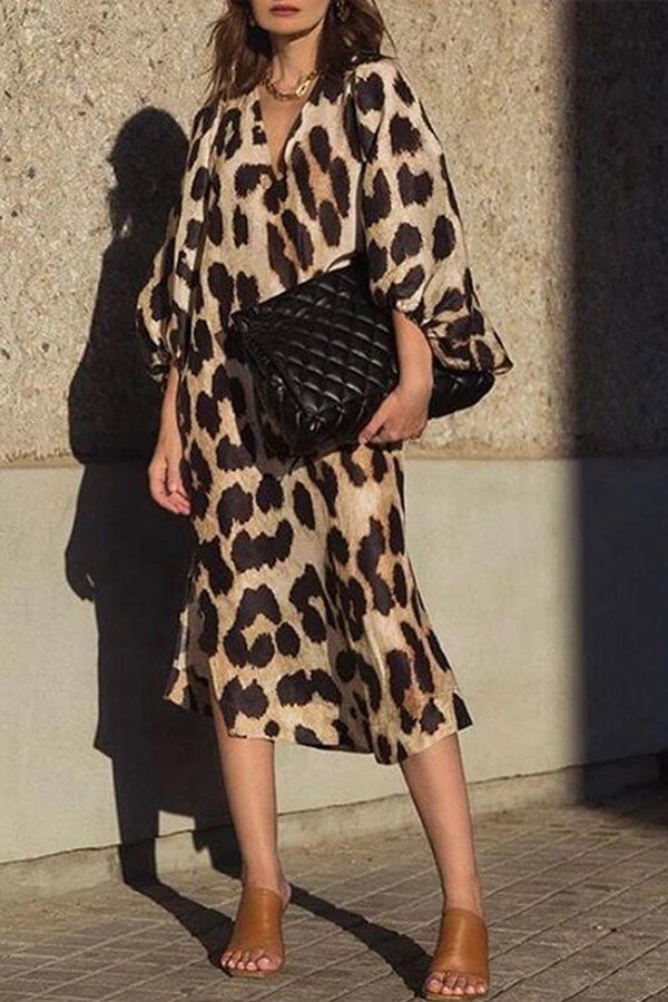 Casual V-neck Leopard Print Lantern Sleeve Dress