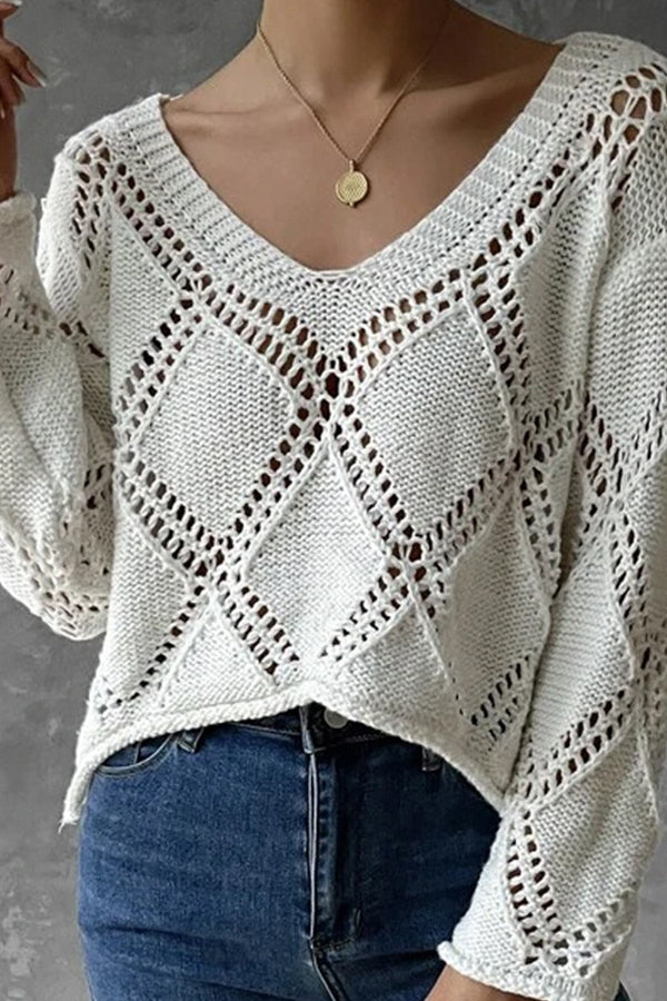 V-neck hollow long sleeved knitting sweater