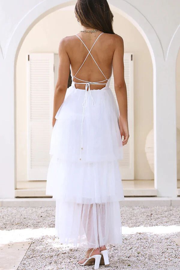 Princess Dreaming Tulle Tiered Frill Back Lace-up Maxi Dress