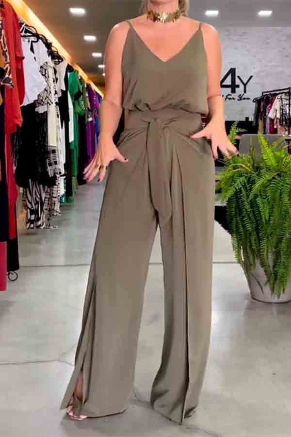 Bandage Solid Color Loose Wide Leg Spaghetti-Neck Jumpsuits