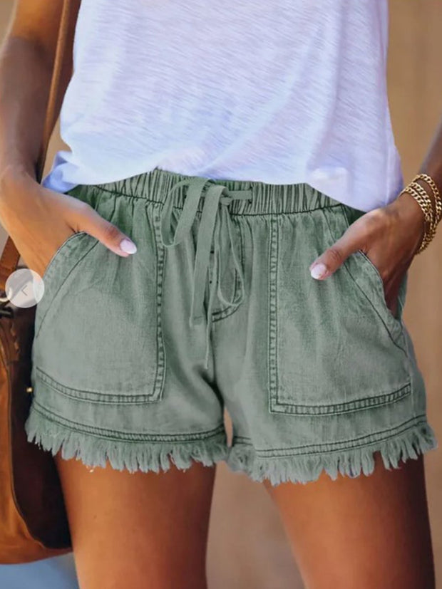 Denim Pocketed Tie Waist Shorts