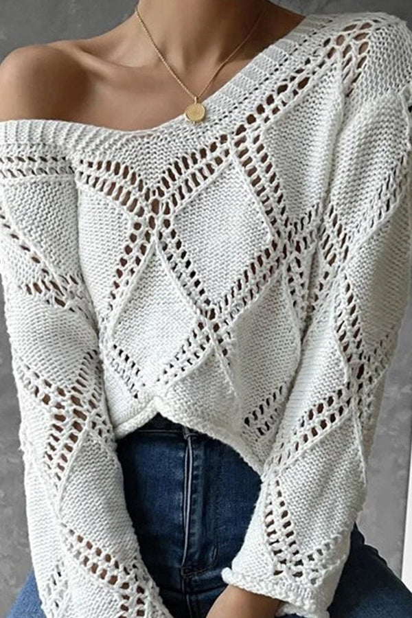 V-neck hollow long sleeved knitting sweater