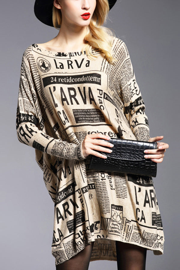 Printed Newspaper Mid Length Knit Sweater
