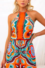 Oh So Chic Satin Ethnic Abstract Print Adjustable Tie Tank Top