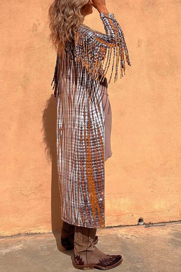 Evaluna Tie-dye Print Tassel Sleeve Midi Cover-up