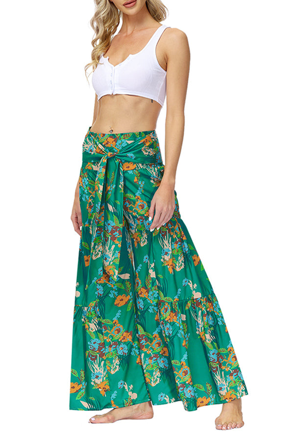 Printed Women's Loose Beach Wide Leg Lace-up Trousers