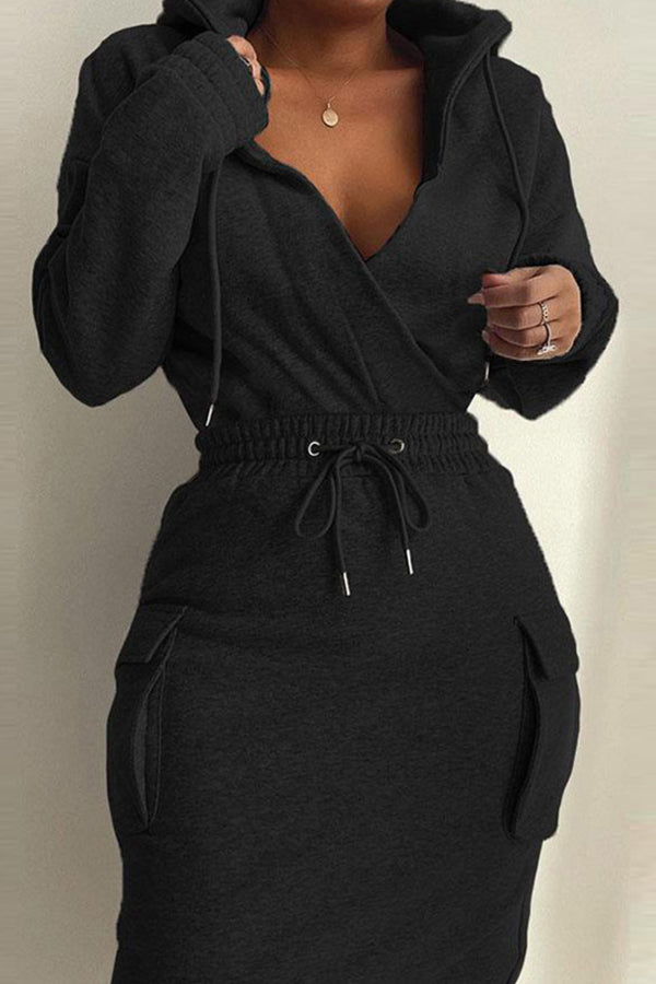 Solid Color V-Neck Drawstring Fashion Casual Suit