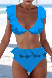 Solid Color Ruffled V-neck Bikini