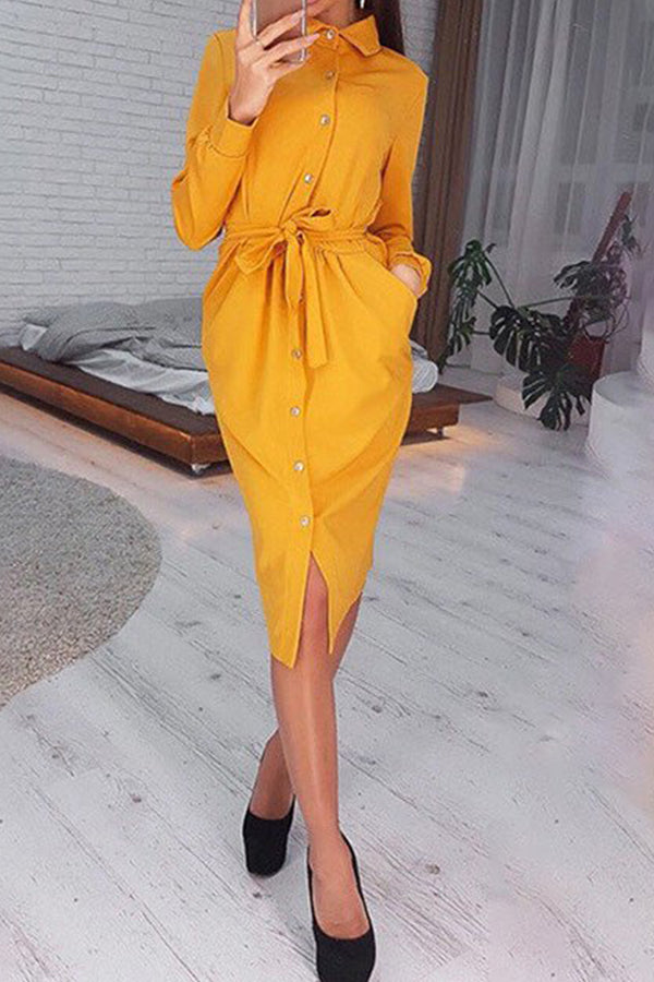 Women's Dresses Lapel Button Tie Long Sleeve Shirt Dress