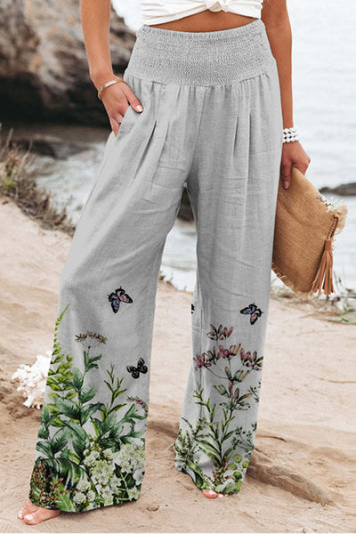 Printed High Waist Slip Pocket Casual Wide Leg Pants