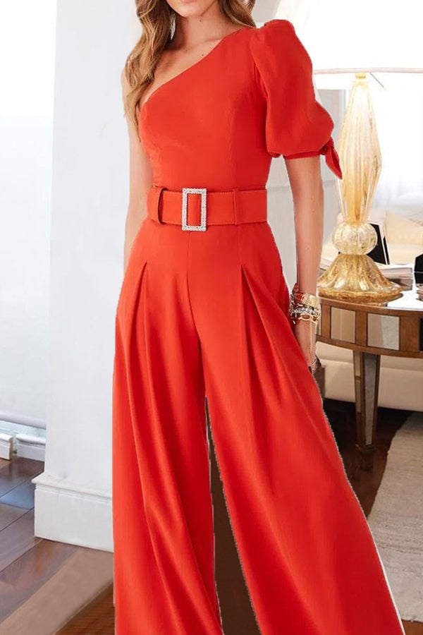 One-shoulder sleeve slim jumpsuit solid color trousers