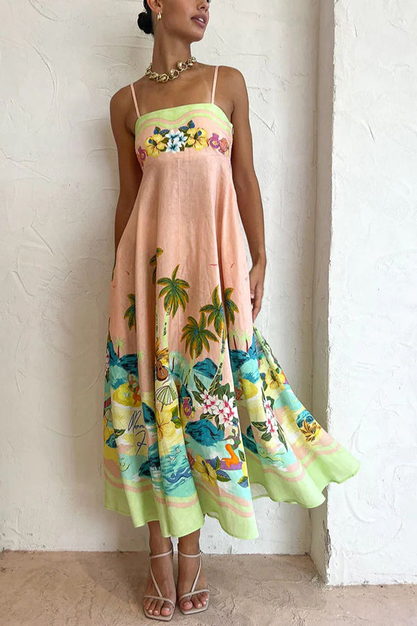 Coconut Scenery – Midikleid aus Leinenmischung mit tropischem Print und gesmoktem Rücken 