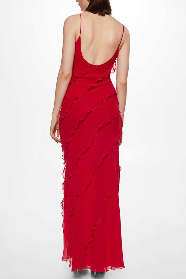 Robe sexy moulante fendue en mousseline de soie à volants