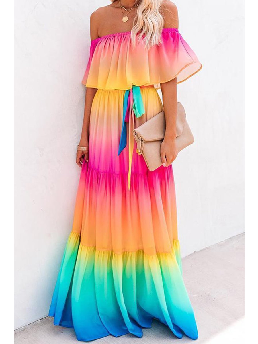Robe longue élégante à épaules dénudées et motif arc-en-ciel