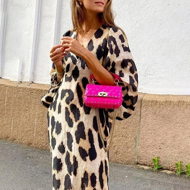 Casual V-neck Leopard Print Lantern Sleeve Dress