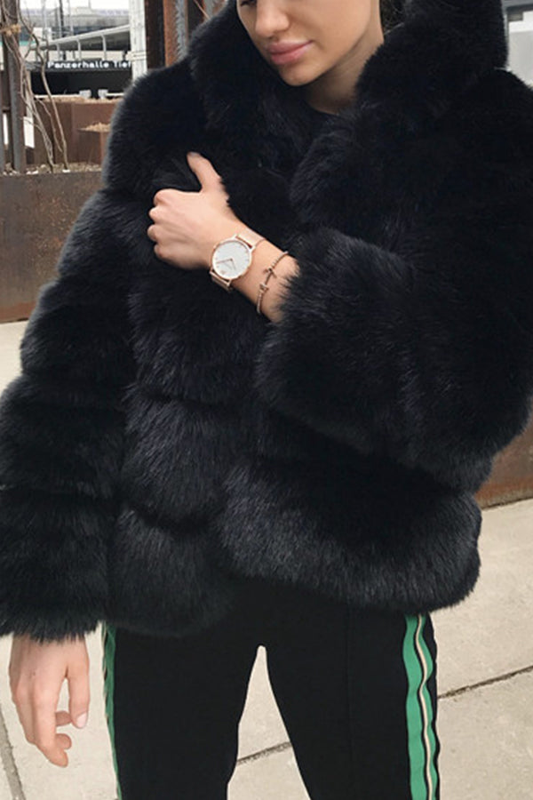 Faux Rabbit Fur Long Sleeve Hooded Jacket