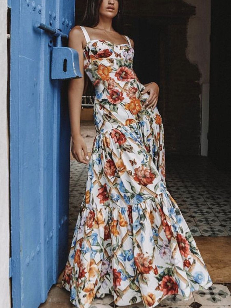 Robe longue sans manches à imprimé fleuri