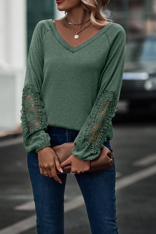 Loose Casual V-Neck Lace Long Sleeves