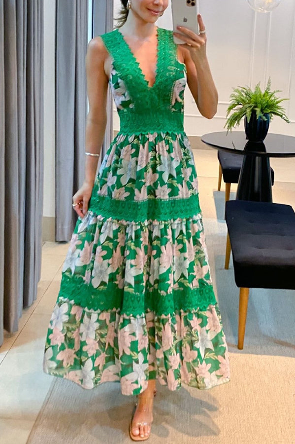 Robe mi-longue fleurie à bordure en dentelle Sunny Garden 
