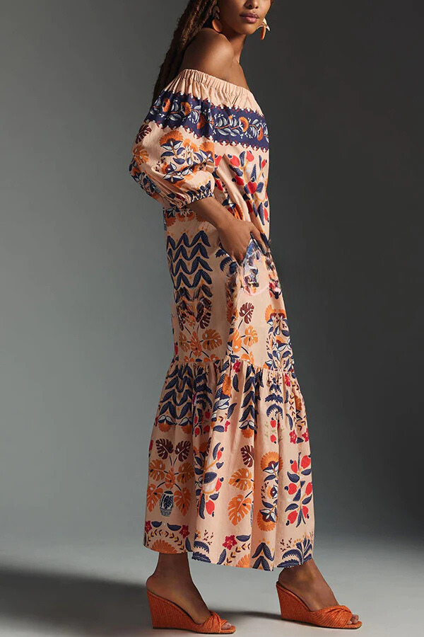 Robe mi-longue fluide à poches et épaules dénudées imprimée Island Lover