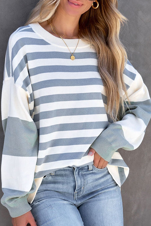 Puff Sleeve Crew Neck Striped Long Sleeve Pullover Women's Sweatshirt