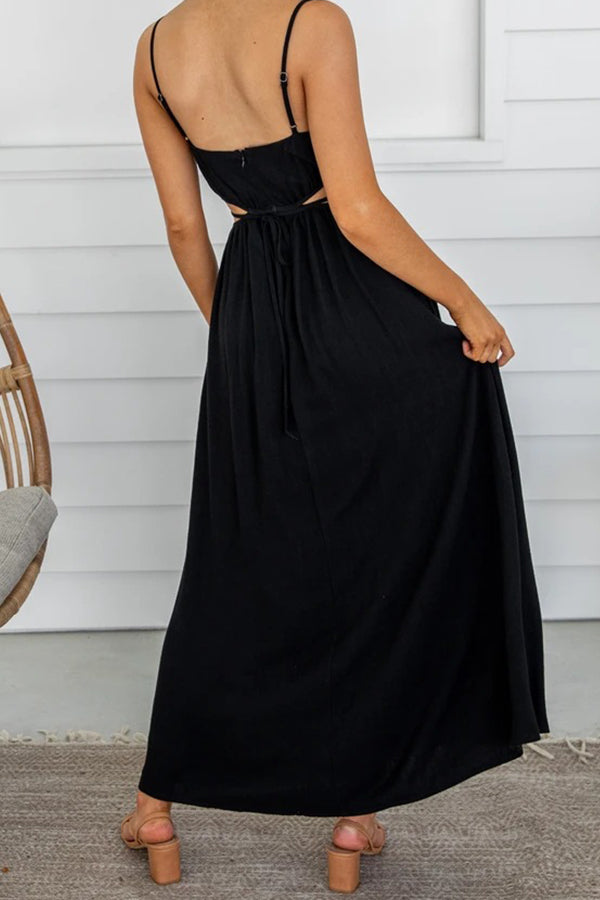 Elegant belted strapless suspenders cotton and linen dress