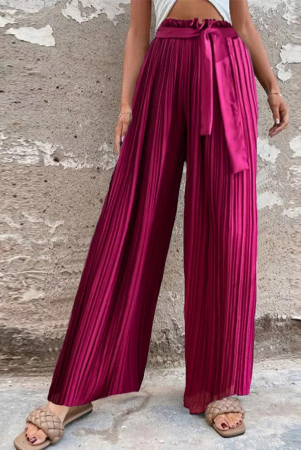 Cali Satin Belt Pleated Wide Leg Pants