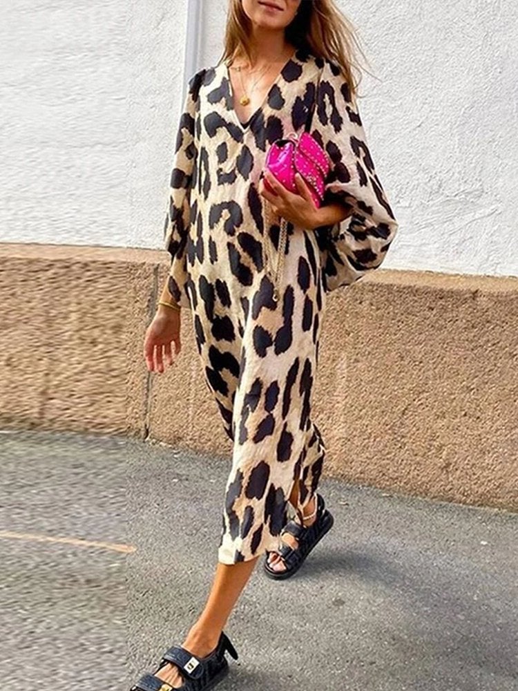 Casual V-neck Leopard Print Lantern Sleeve Dress