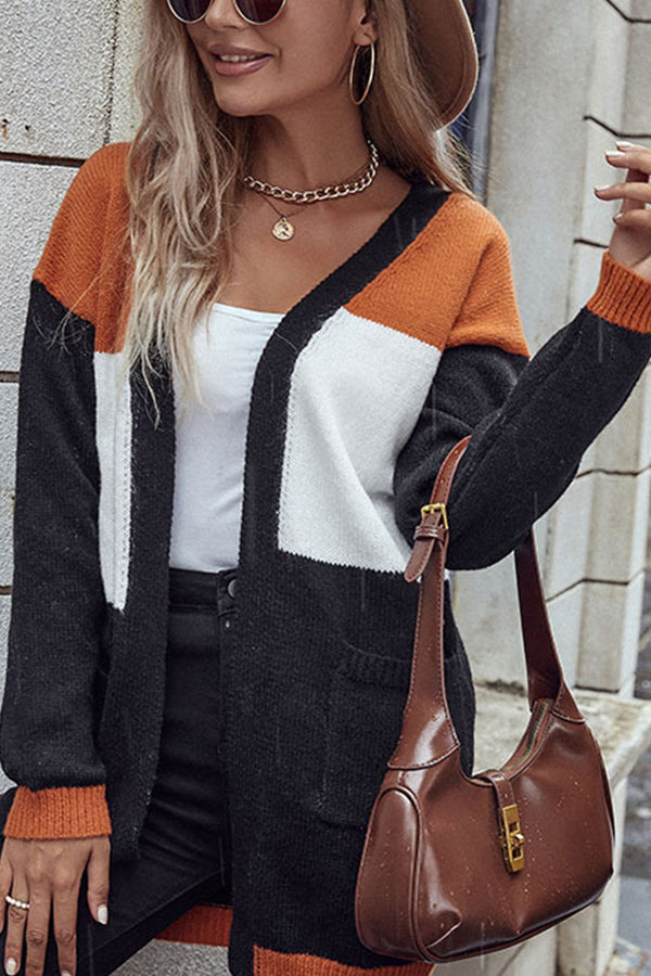 Foreign trade fashion women's long-sleeved color-blocking sweater cardigan