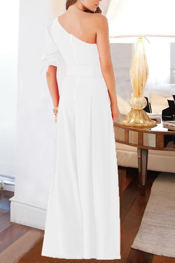 One-shoulder sleeve slim jumpsuit solid color trousers