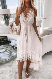 Solid Color V-neck Mid-waist Pullover Lace Lace Waist Dress