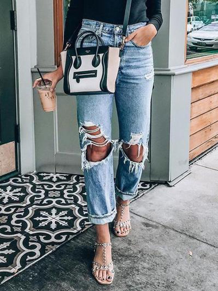 Casual Distressed Ripped Hole Mid-rise Straight Jeans